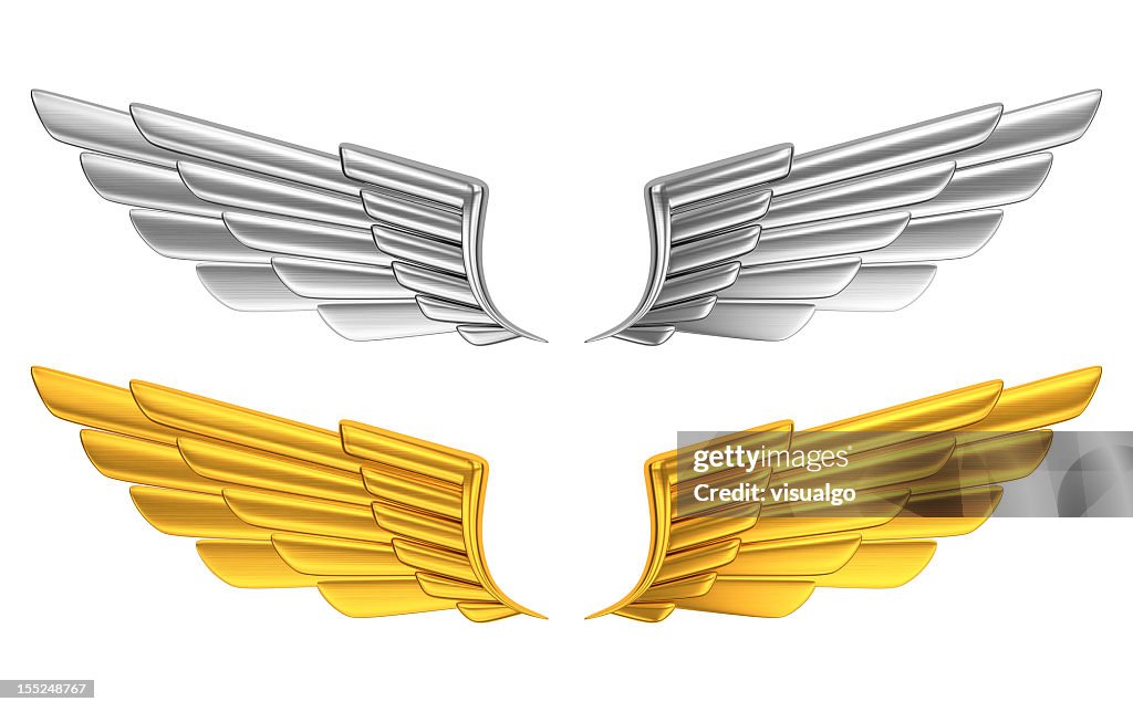 Silver and gold wings against white background