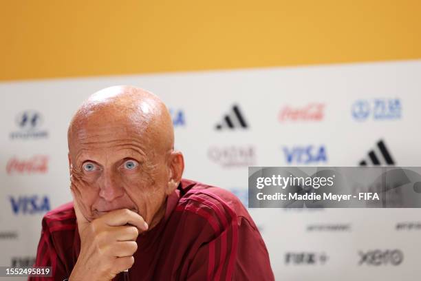 Pierluigi Collina, Chairman of FIFA's Referees Committee speaks to the media during a Referees' Press Conference on July 18, 2023 at Sydney Olympic...
