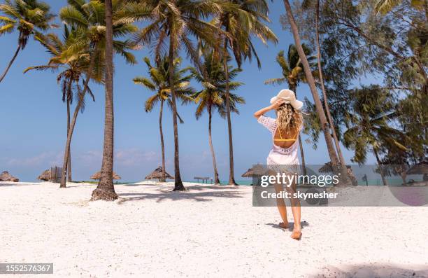 rear view of a woman walking in summer day on the beach. - ilha de zanzibar imagens e fotografias de stock