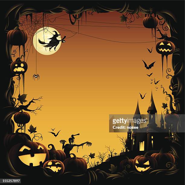illustrations, cliparts, dessins animés et icônes de nuit d'halloween-frontière - groupe moyen d'animaux