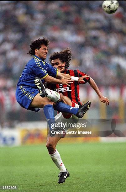 Paulo Maldini of AC Milan kicks an opponent during the Serie A match against Juventus played at the San Siro Stadium in Milan, Italy. \ Mandatory...