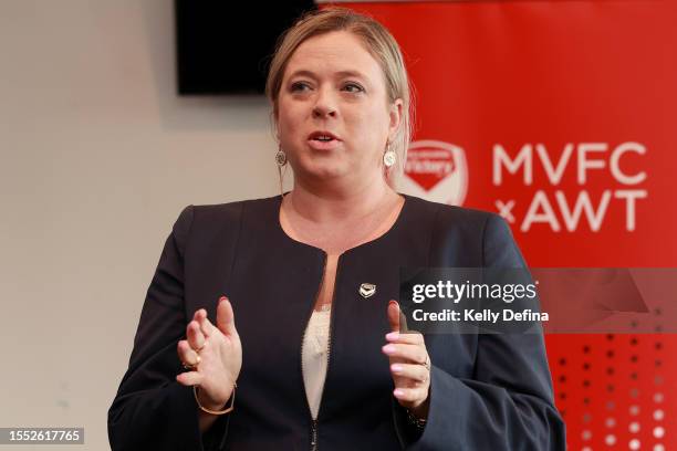 Caroline Carnegie, Managing Director Melbourne Victory speaks during The Hope Cup at CB Smith Reserve on July 18, 2023 in Melbourne, Australia.