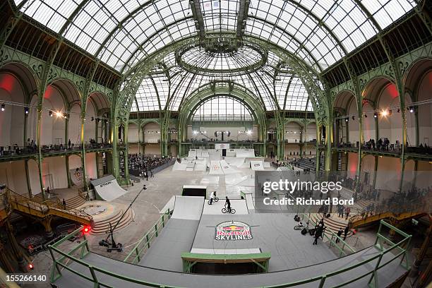 General view of the bike park during the trainings of the RedBull Skylines BMX Contest at Grand Palais on November 2, 2012 in Paris, France.