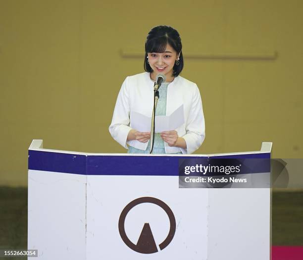 Japanese Princess Kako speaks during the opening ceremony of a national high school equestrian competition in the Shizuoka Prefecture city of...