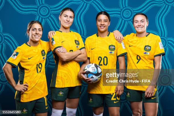 Katrina Gorry, Steph Catley, Sam Kerr and Caitlin Foord of Australia pose for a portrait during the official FIFA Women's World Cup Australia & New...
