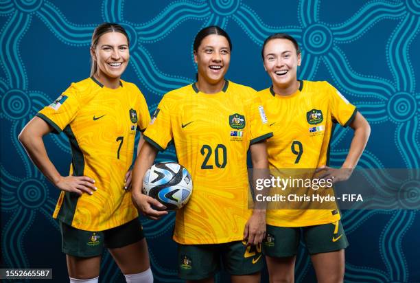 Steph Catley, Sam Kerr and Caitlin Foord of Australia pose for a portrait during the official FIFA Women's World Cup Australia & New Zealand 2023...