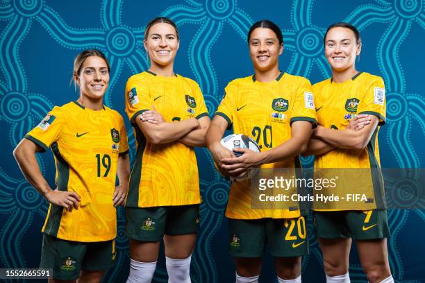 Katrina Gorry, Steph Catley, Sam Kerr and Caitlin Foord of Australia pose for a portrait during the official FIFA Women's World Cup Australia & New...