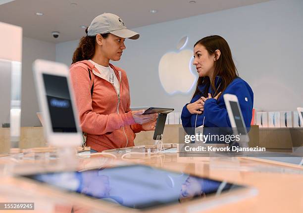 Shannon Harman holds her new iPad mini as she talks to an Apple store employee on November 2, 2012 in Los Angeles, California. It was reported that...