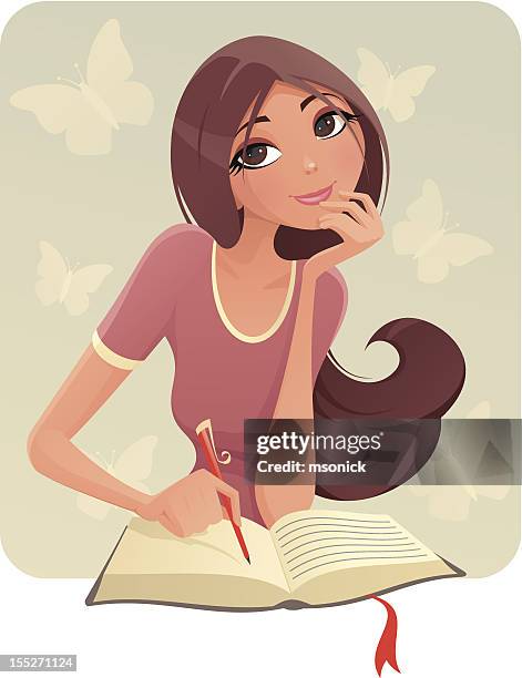 stockillustraties, clipart, cartoons en iconen met brunette girl writing on what appears to be a diary - kin in de hand