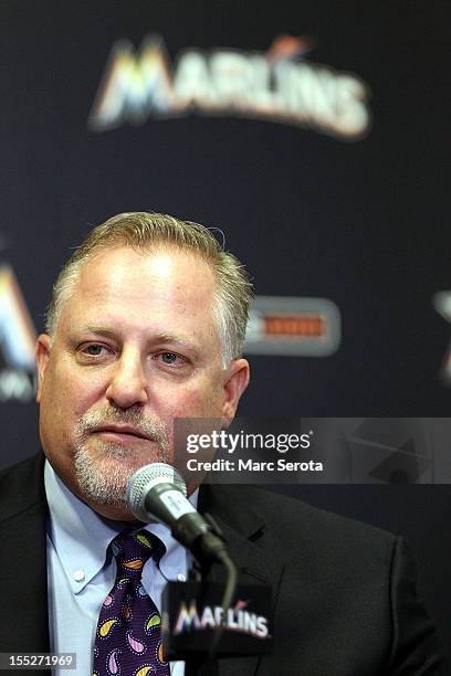 President Larry Beinfest of the Miami Marlins speaks to the media at Marlins Park on November 2, 2012 in Miami, Florida.