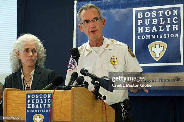 Doctor Barbara Ferrer executive director, Boston Public Health Commission and Boston EMS Chief James Hooley at a press conference concerning an...