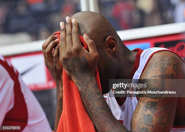 Bracey Wright, #7 of Cedevita Zagreb react during the 2012-2013 Turkish Airlines Euroleague Regular Season Game Day 4 between Olympiacos Piraeus v...