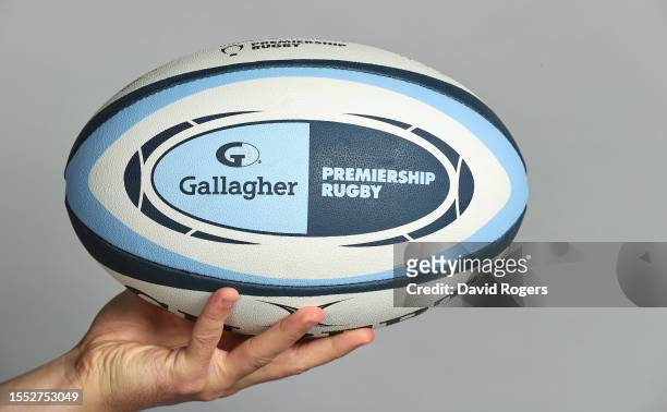 Premiership rugby ball during the squad photocall for the 2023-2024 Gallagher Premiership Rugby season at Franklin's Gardens on July 18, 2023 in...