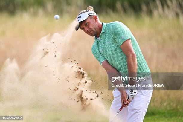 Marcel Siem of Germany plays a shot from a bunker during a practice round prior to The 151st Open at Royal Liverpool Golf Club on July 18, 2023 in...