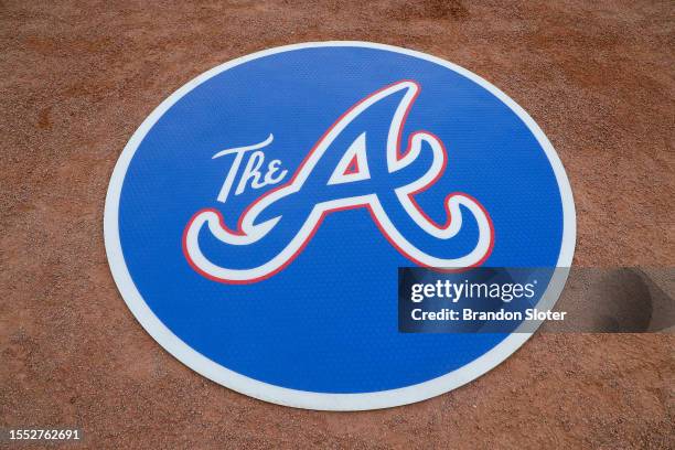 The Atlanta Braves logo on the batting on deck circle before the game against the Chicago White Sox on July 15, 2023 at Truist Park in Atlanta,...
