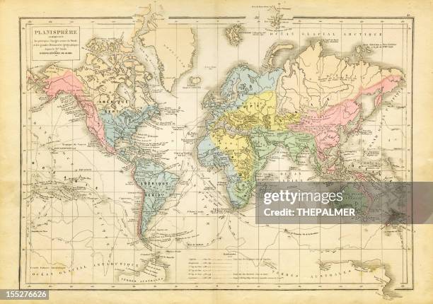 ilustrações, clipart, desenhos animados e ícones de mapa-múndi 1882 - vintage world map