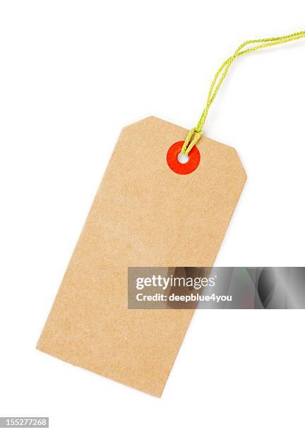 clean brown price tag with yellow loop isolated - clothing tag stock pictures, royalty-free photos & images