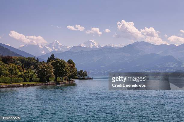 lago thun y de los alpes suizos - lago thun fotografías e imágenes de stock