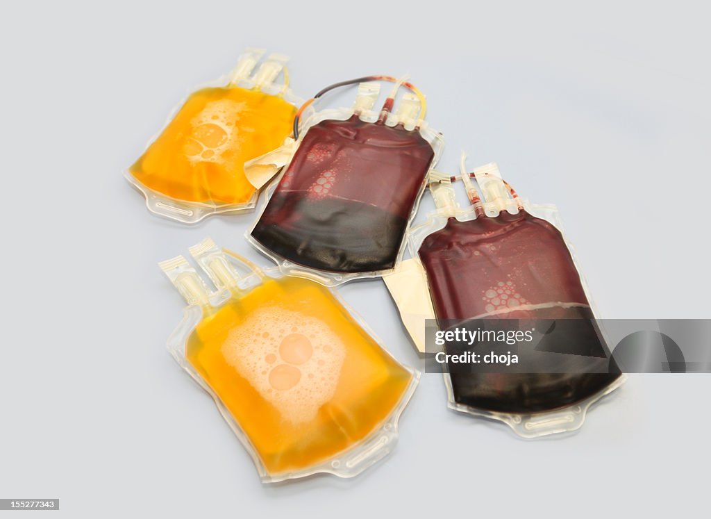 Differend Blood bags with red and white blood cells