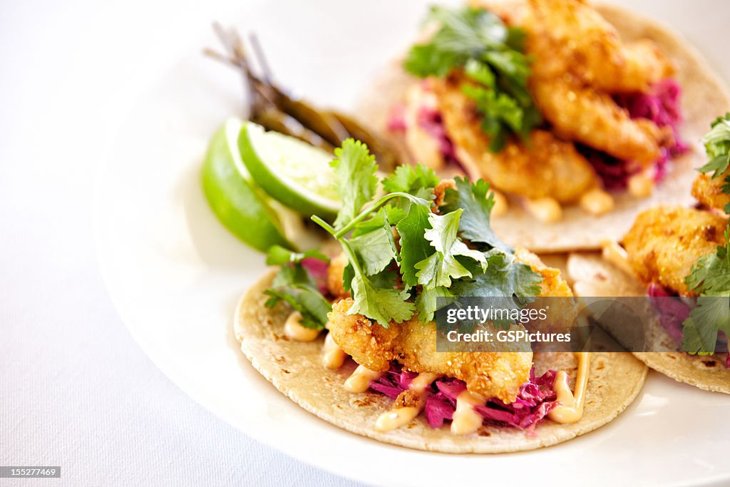 Close up of fish tacos on a plate