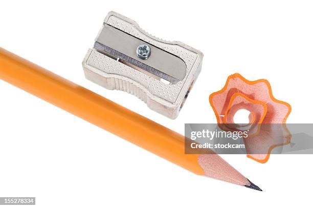 closeup of isolated pencil and sharpener - metal shavings stock pictures, royalty-free photos & images
