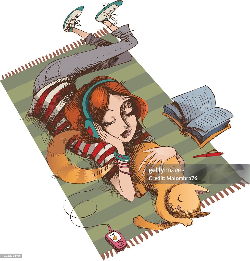Girl and her cat lying on a striped carpet