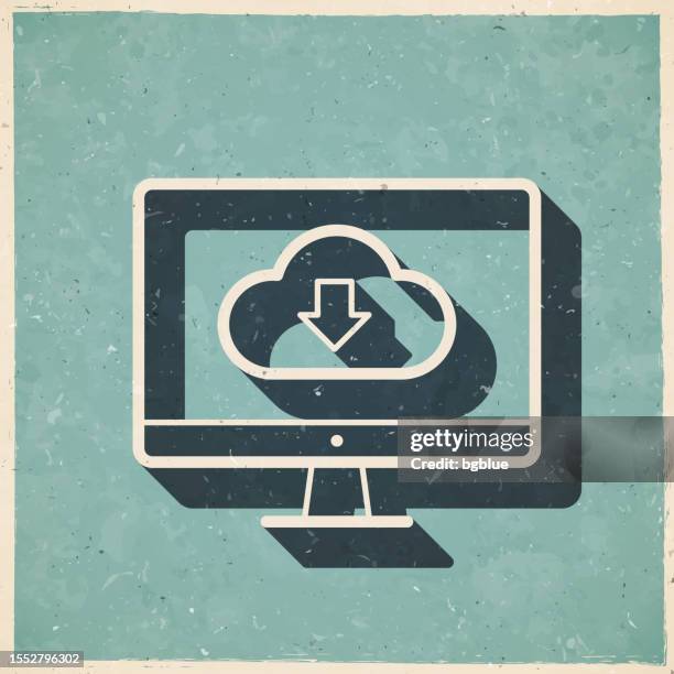 cloud download to desktop computer. icon in retro vintage style - old textured paper - tv screen texture stock illustrations