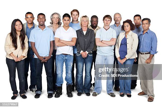 serious and diverse group of people on white background - large group of people on white stock pictures, royalty-free photos & images