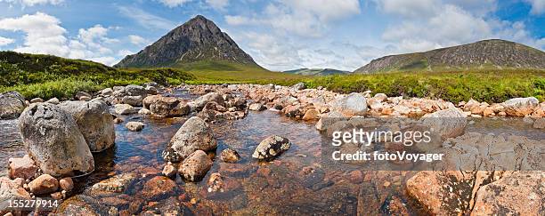 scotland glen coe mountain stream highlands landscape panorama - silentfoto heather stock pictures, royalty-free photos & images