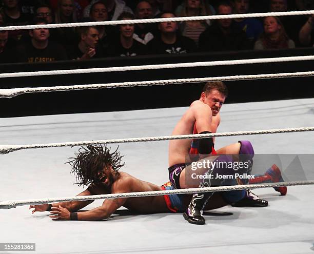 Kofi Kingston competes in the ring against The Miz during the WWE SmackDown World Tour at O2 World on November 2, 2012 in Hamburg, Germany.