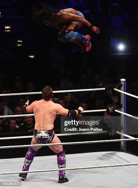 Kofi Kingston competes in the ring against The Miz during the WWE SmackDown World Tour at O2 World on November 2, 2012 in Hamburg, Germany.