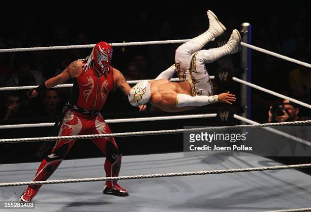 Rey Mysterio competes in the ring against Sin Cara during the WWE SmackDown World Tour at O2 World on November 2, 2012 in Hamburg, Germany.
