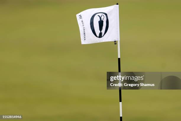 Detailed view of the Claret Jug branded flag on the 1st hole prior to The 151st Open at Royal Liverpool Golf Club on July 18, 2023 in Hoylake,...