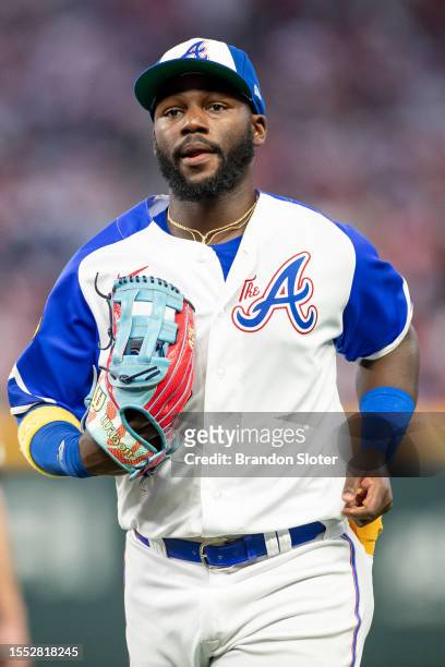 Michael Harris II of the Atlanta Braves runs off the field in the middle of the sixth inning against the Chicago White Sox on July 15, 2023 at Truist...