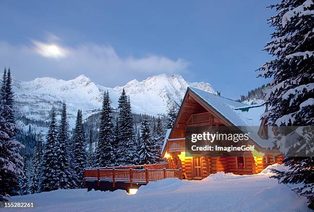 mountain lodge in winter - cabin stockfoto's en -beelden