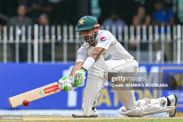 Pakistan's Babar Azam plays a shot during the second day of the second and final cricket Test match between Pakistan and Sri Lanka at the Sinhalese...