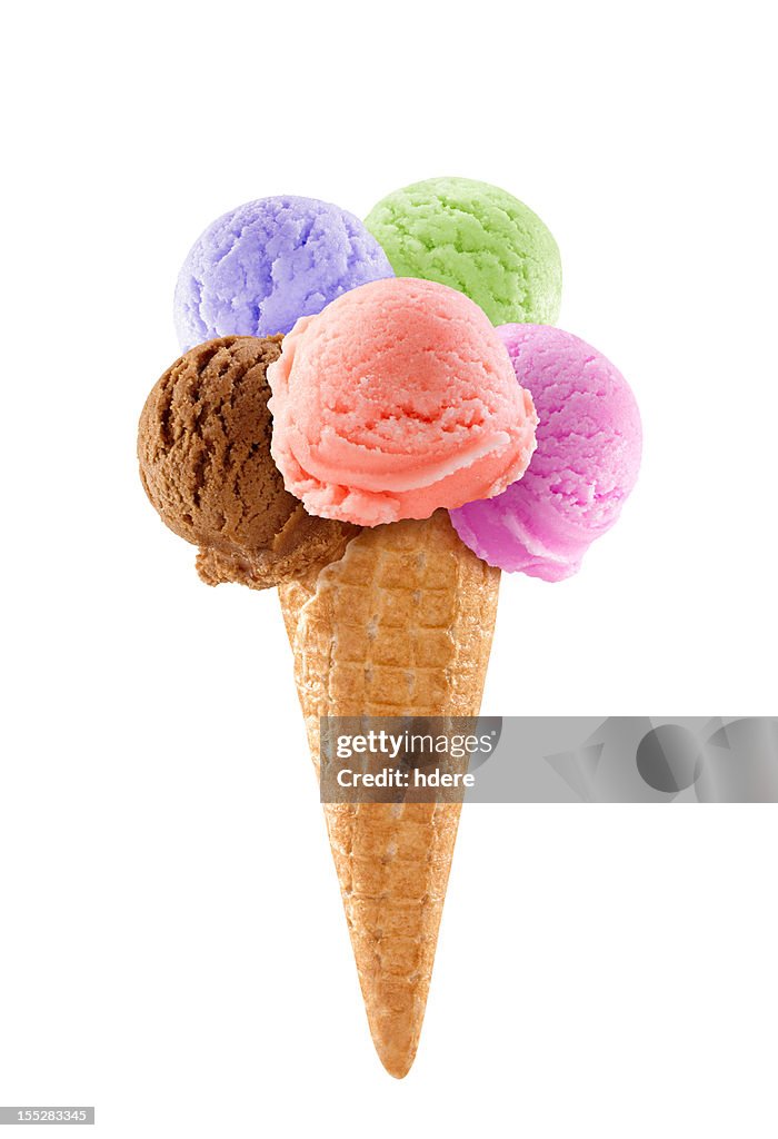 Ice cream cone overflowing with five scoops