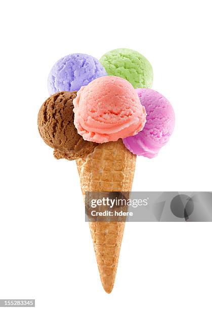 ice cream cone overflowing with five scoops - ice cream cone stock pictures, royalty-free photos & images