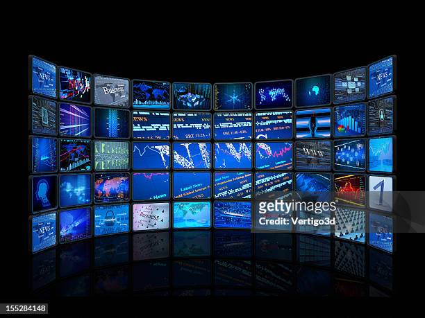 digital monitors in a television studio - tv on wall stockfoto's en -beelden