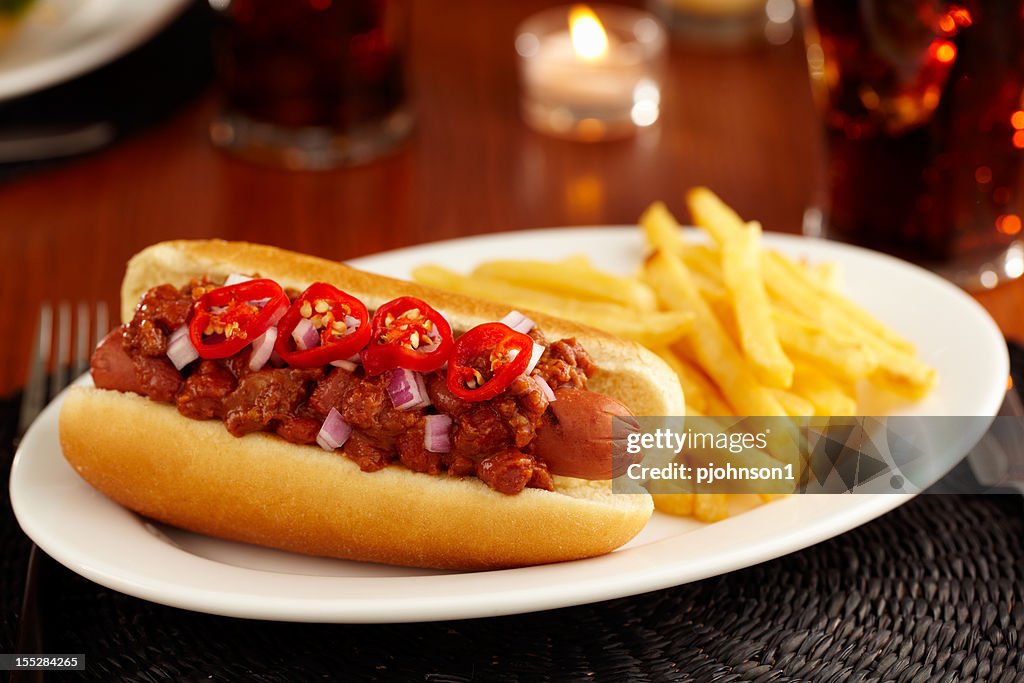 Chili Dog with hot peppers