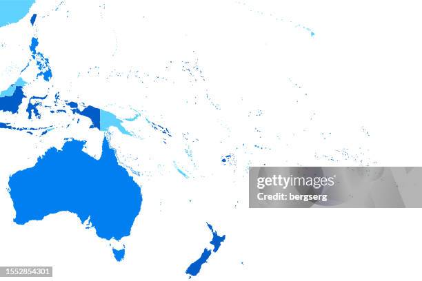 ilustraciones, imágenes clip art, dibujos animados e iconos de stock de mapa azul de oceanía altamente detallado con regiones y fronteras nacionales de australia, nueva zelanda, hawái, papúa nueva guinea, indonesia, islas salomón, kiribati, tonga, polinesia francesa, islas marshall, filipinas, malasia - islas del pacífico