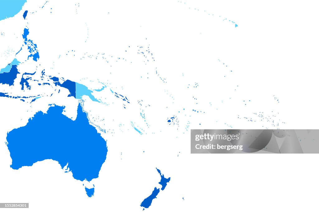Mapa azul da Oceania altamente detalhado com regiões e fronteiras nacionais da Austrália, Nova Zelândia, Havaí, Papua Nova Guiné, Indonésia, Ilhas Salomão, Kiribati, Tonga, Polinésia Francesa, Ilhas Marshall, Filipinas, Malásia