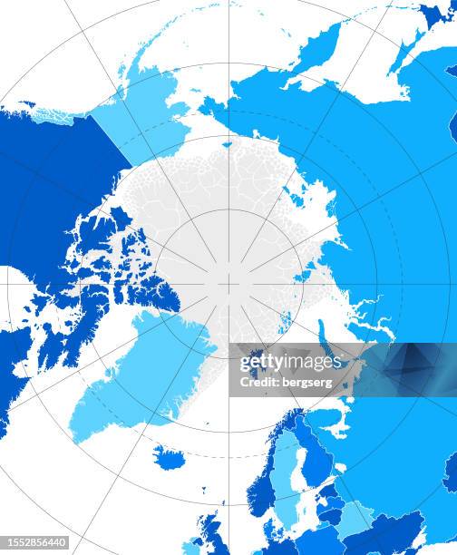 high detailed arctic region blue map with national borders of canada, usa, russia, greenland, norway, sweden, finland, united kingdom, ireland, iceland, japan - arctic ocean map stock illustrations