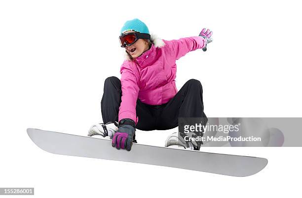 snowboarding girl with a clipping path - snowboarding stockfoto's en -beelden
