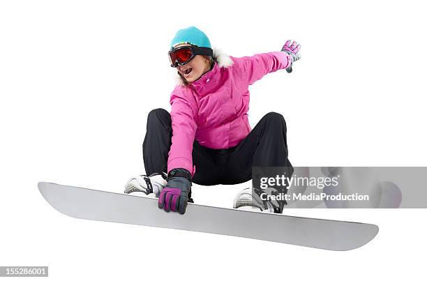 snowboarding girl with a clipping path - snowboarding stock pictures, royalty-free photos & images