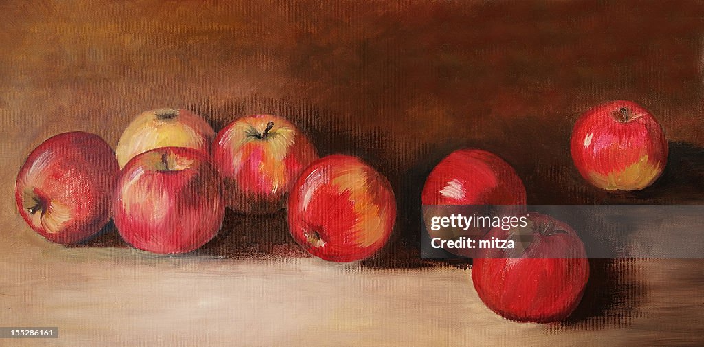 Acrylic painting with eight red apples