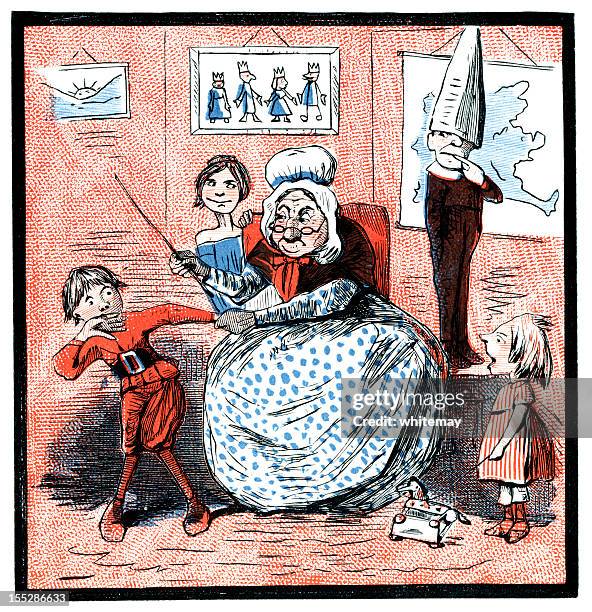 elderly schoolma'am punishing a boy (victorian cartoon) - corporal punishment stock illustrations
