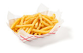 Fries in a cardboard tray on a white background