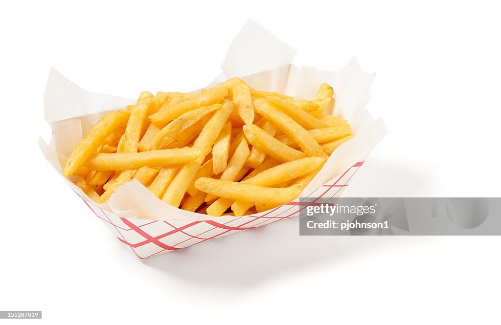 Fries in a cardboard tray on a white background