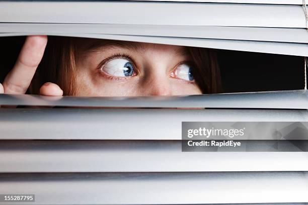 young woman is terrified by something seen through venetian blinds - conspiracy stock pictures, royalty-free photos & images